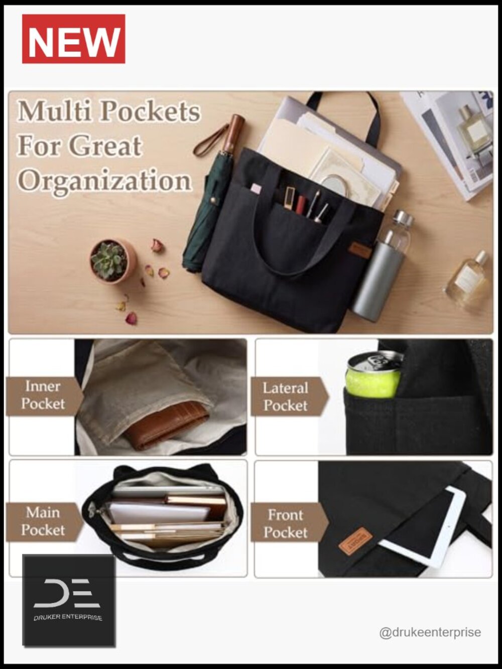 Canvas Tote Bag, Reusable Shoulder Handbag with Zipper, Multi-Pocket, Durable, - Picture 6 of 7